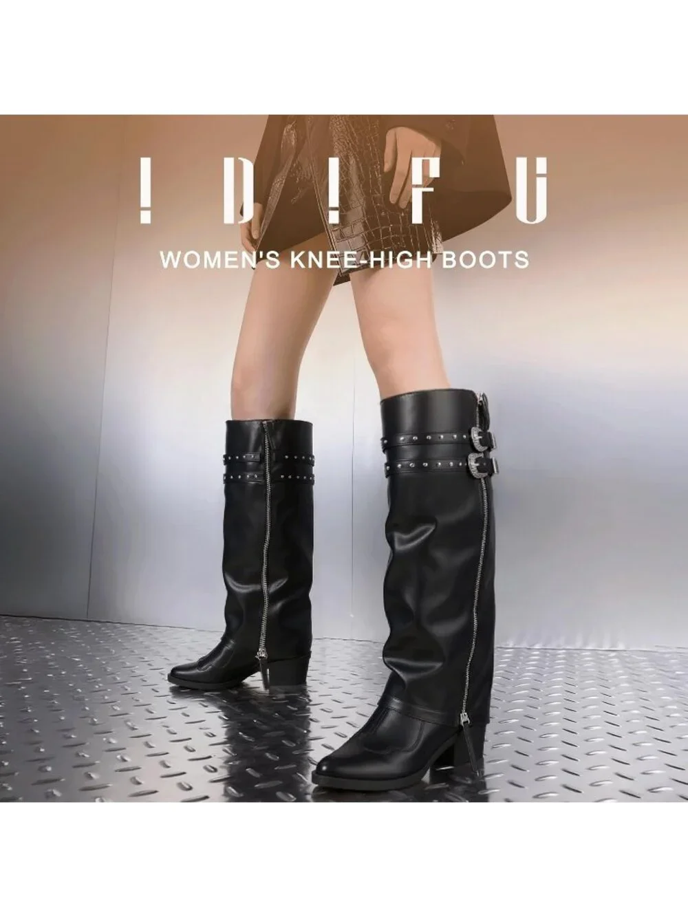 Women's Black pu Manmade Knee High Fold Over Studded Chunky Heel Shark Boots